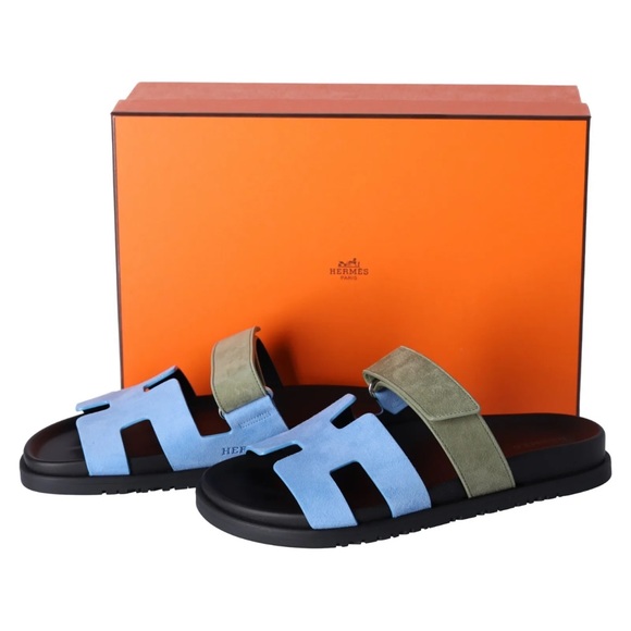 BNIB Hermes Womens Chypre Suede Bleu Cameo Vert Celadon Sandals Size 38 Full Set - Picture 4 of 7